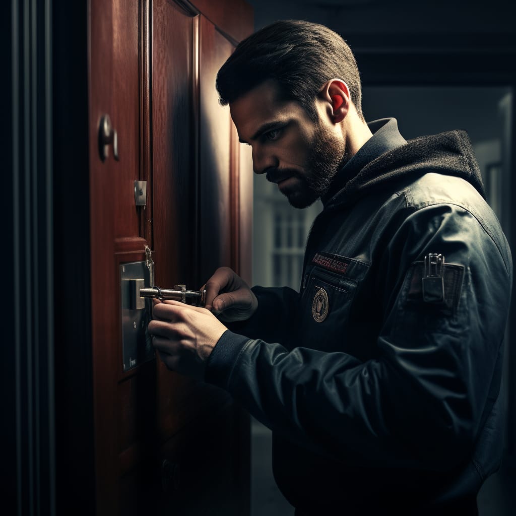 Een man met een baard, gekleed in een jas met een politie-embleem, is gefocust op het openen van een deurslot met lockpickgereedschap. Hij staat binnenshuis met een donkere, mysterieuze belichting die een sfeer van spanning creëert.