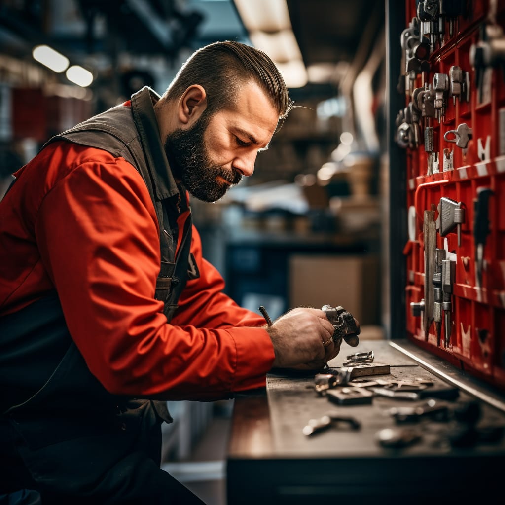 Een mannelijke monteur met een baard werkt geconcentreerd aan een werkbank in een atelier, met verschillende gereedschappen en sleutels in de buurt. Hij draagt een rode overall met een zwart shirt eronder en lijkt aandachtig een onderdeel te repareren of te onderzoeken.