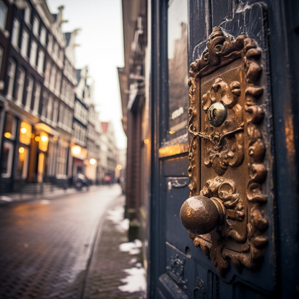 "Close-up van een sierlijke, oude deurbel op een donkere deur, met op de achtergrond een traditionele Nederlandse straat met gevels van historische gebouwen, schemerige straatverlichting en een besneeuwde straat."
