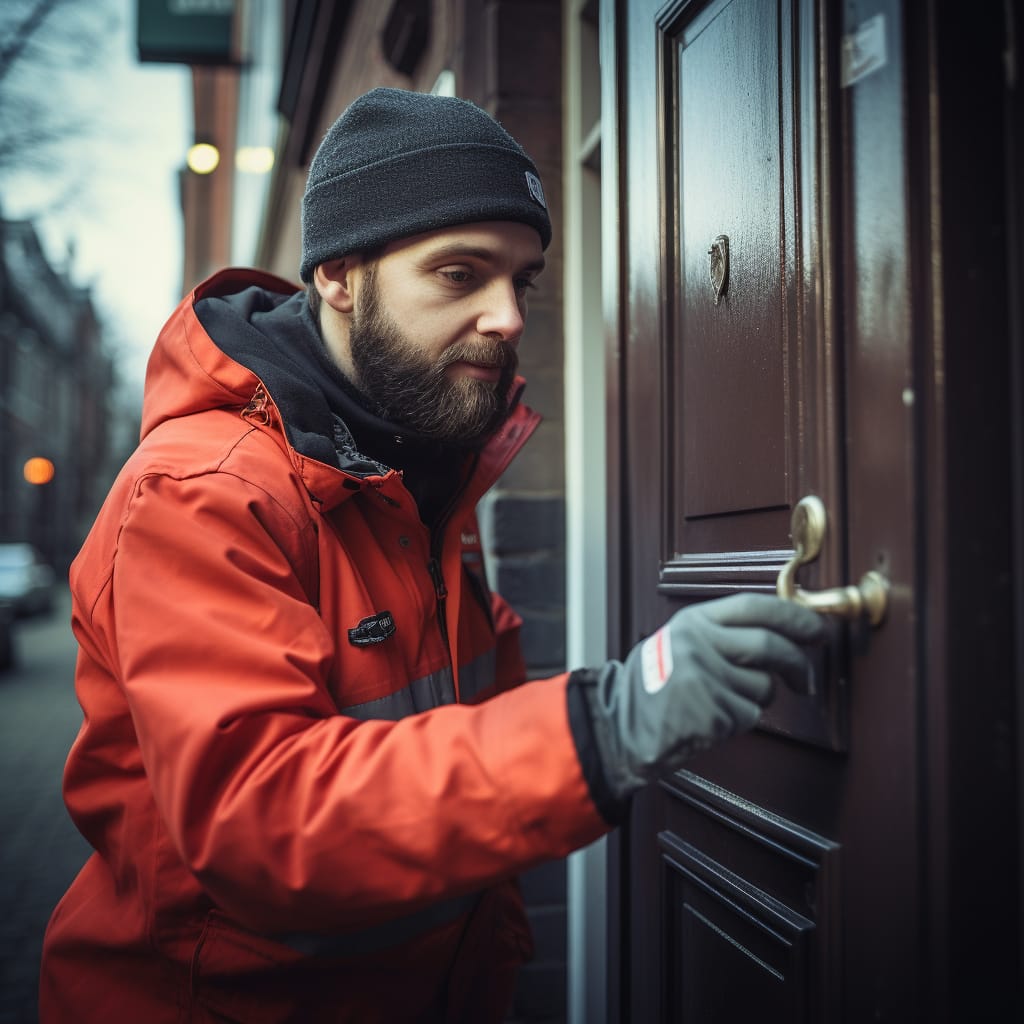 Een man met een baard die een zwarte muts en een oranje jas draagt, is gefocust bezig met het openen van een deur met een sleutel in een stedelijke omgeving.