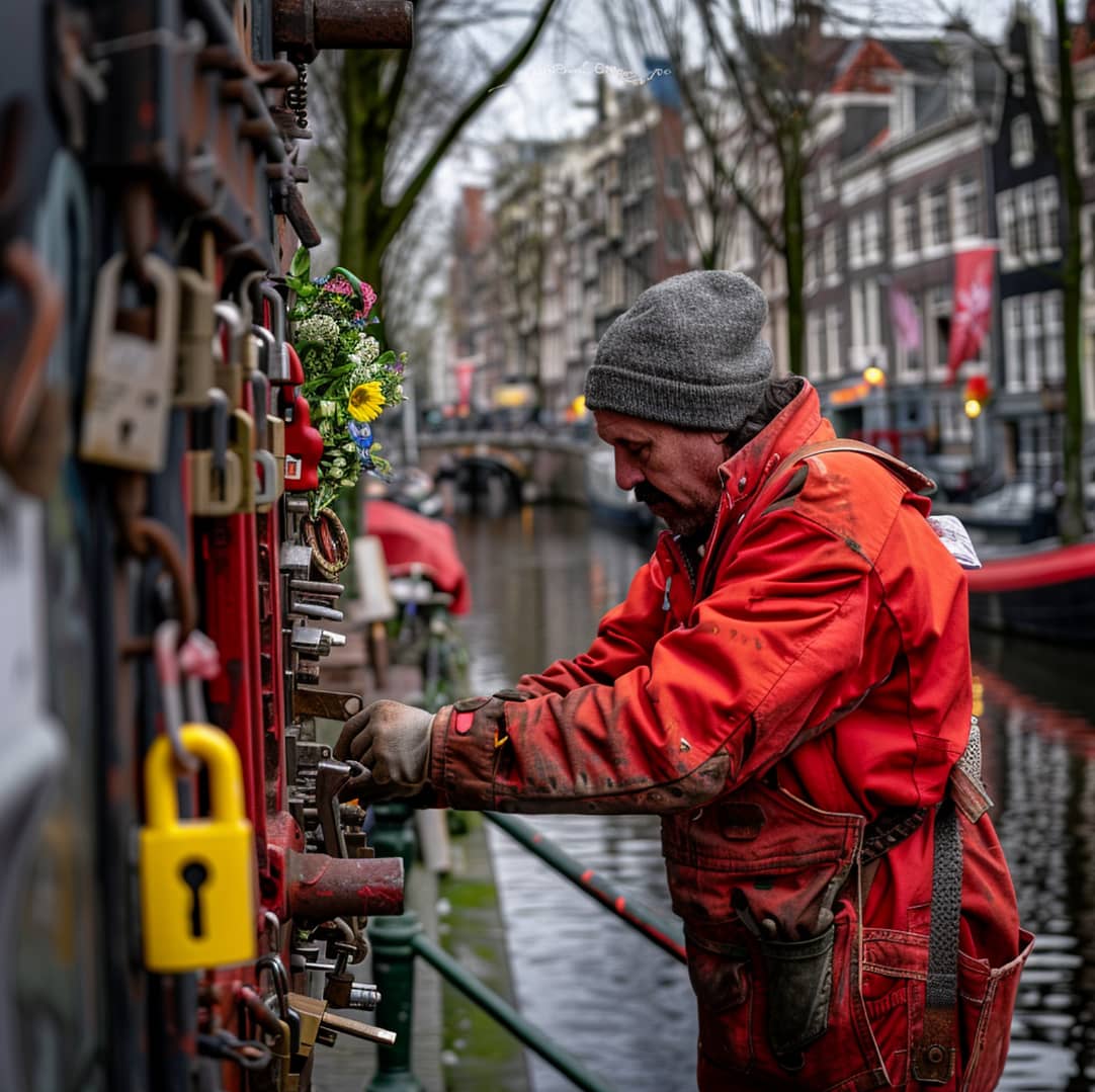 Man hestelt kapot slot aan deur in woning in Amsterdam. Slotenmaker in Amsterdam