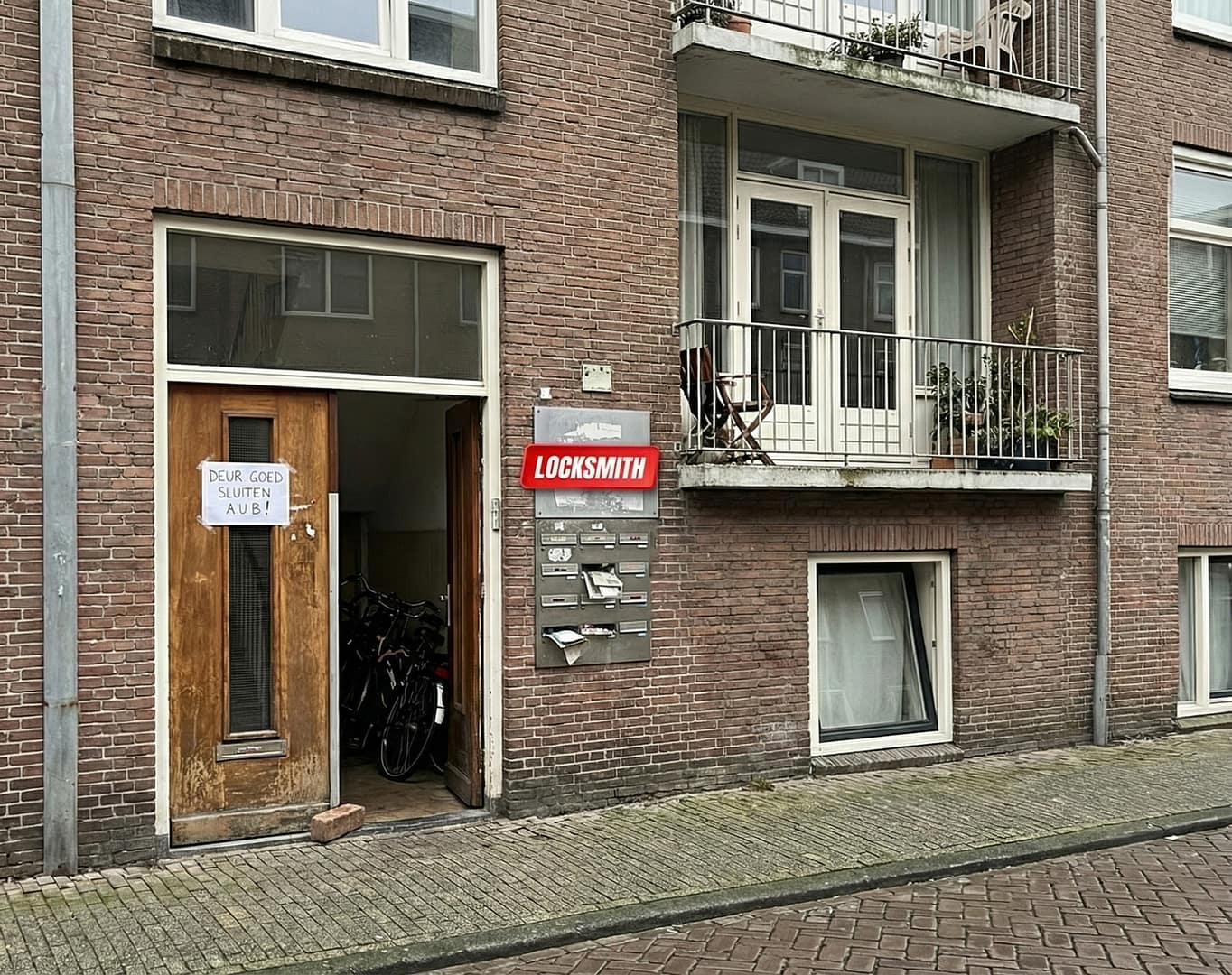 Foto van de ingang van een bakstenen studentencomplex in Amsterdam. De centrale houten voordeur staat open, tegengehouden door een straatsteen. Op de deur hangt een handgeschreven briefje met de tekst "DEUR GOED SLUITEN AUB!". Naast de brievenbussen op de gevel is een rood 'LOCKSMITH' logo bevestigd. In de hal zijn fietsen zichtbaar.