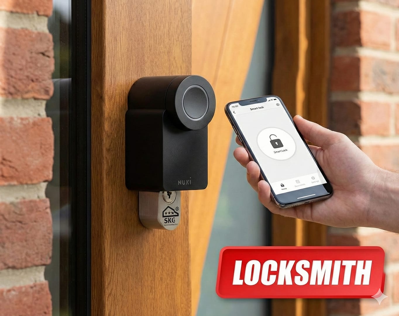 Nuki smart lock op houten deur bediend met smartphone app, zichtbare SKG 3-sterren cilinder en Locksmith logo
