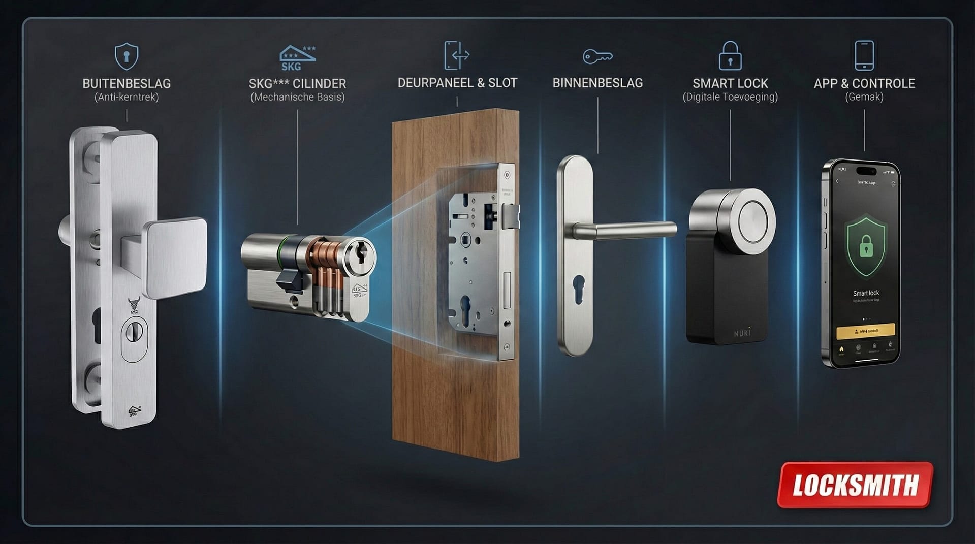 Infographic 'exploded view' toont de opbouw van een veilige deur: anti-kerntrek buitenbeslag met kerntrekbeveiliging, een SKG 3-sterren cilinder in doorsnede, het deurslot, binnenbeslag met rechte kruk en sleutelgat, een Nuki smart lock en smartphone app bediening.