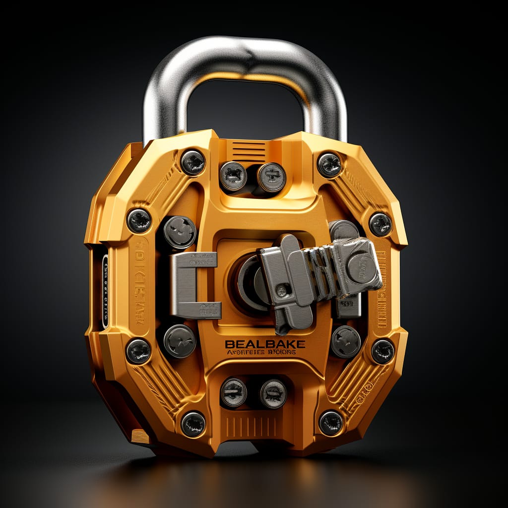 Alt-beschrijving: "Een gedetailleerd 3D-model van een futuristisch ogend, oranje hangslot met metalen details en verzonken schroeven, met de fictieve merknaam 'BEALBAKE' en de tekst 'ANTIDIEFSTAL 1000KG' op de voorkant, tegen een donkere achtergrond."