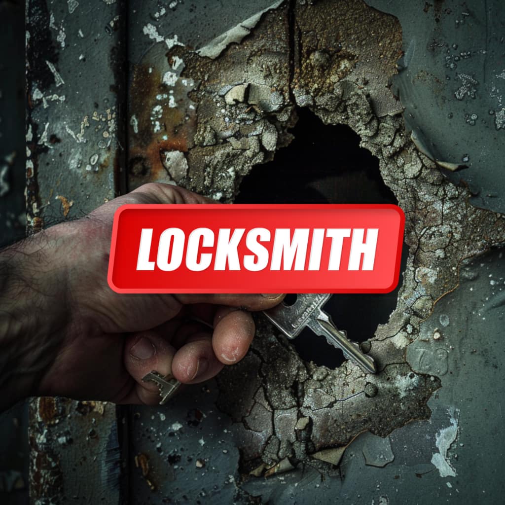 Slotenmaker met sleutel en bordje bij beschadigde deur.