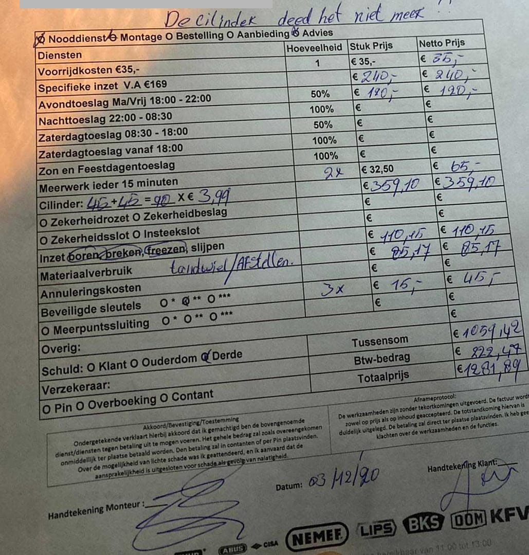factuur van slotenmaker