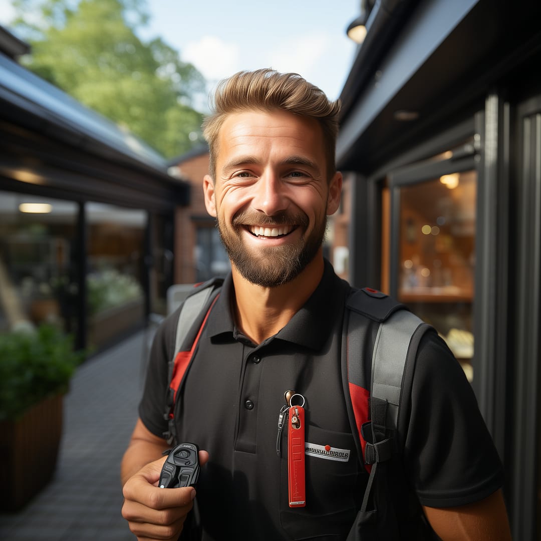 Uitgelichte afbeelding: Een glimlachende man met een baard die een zwart shirt met rode accenten en een rugzak draagt, staat buiten met een elektronisch apparaat in zijn hand. Hij straalt een professionele en vriendelijke houding uit.