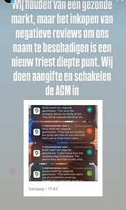 Negatieve reviews en aanklacht, ACM ingeschakeld.