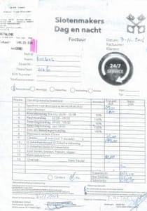 malafide slotenmaker Factuur van slotenmaker met 24/7 service logo.