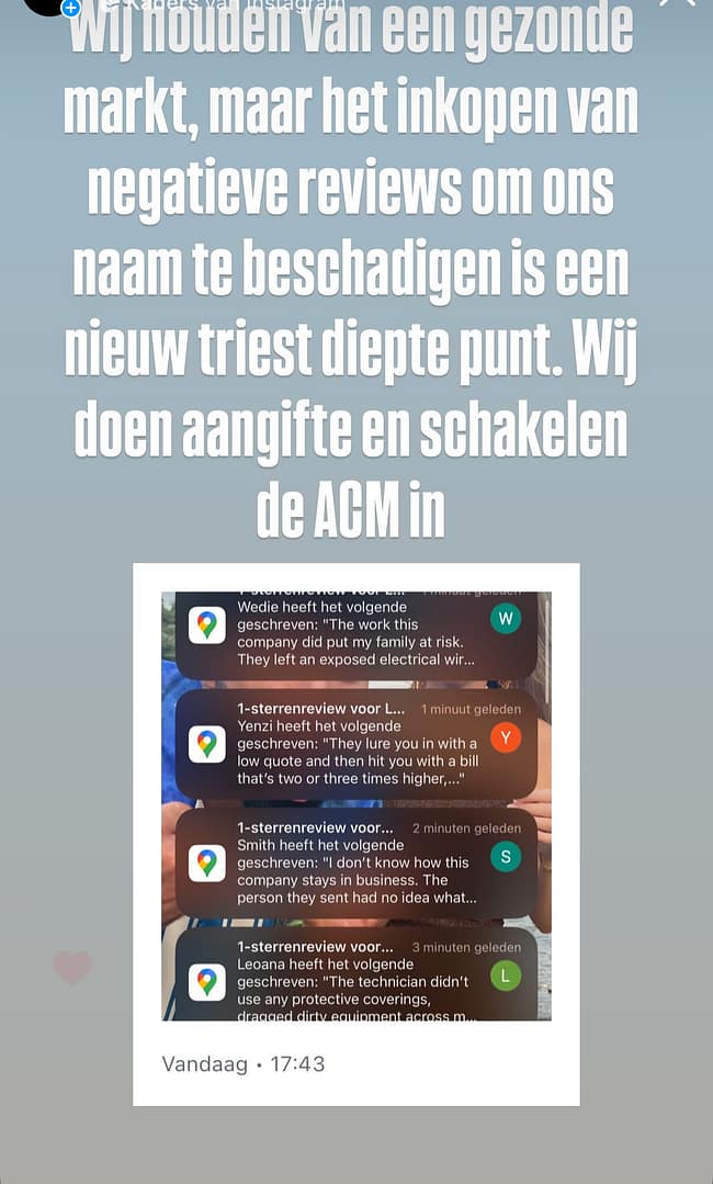 Negatieve reviews en aanklacht, ACM ingeschakeld.