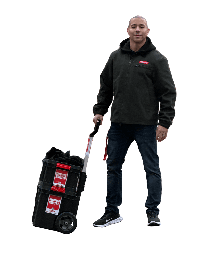 Persoon met gereedschapskist en sleutelzoeker stickers.