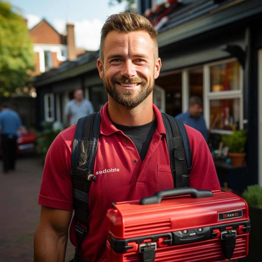 Een glimlachende man met een korte baard, gekleed in een bordeauxrode werkpolo en een zwarte rugzak, houdt een rode gereedschapskist vast en staat buiten met onscherpe straat- en winkelscènes op de achtergrond.