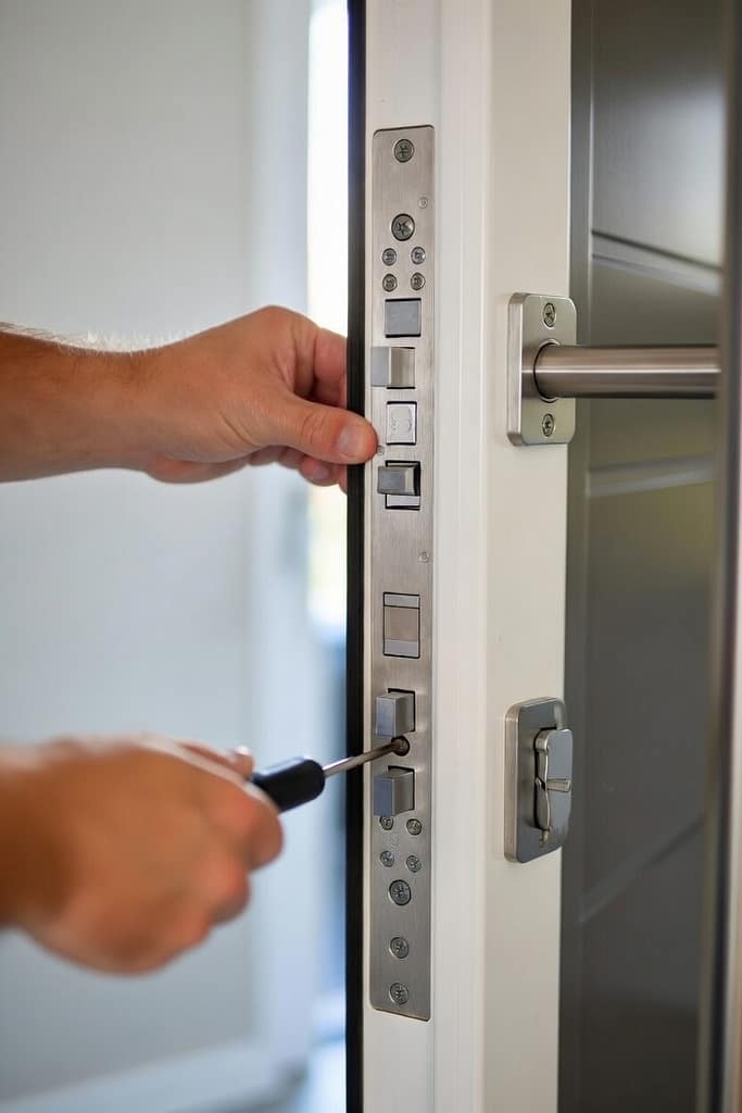 Professionele slotenmaker installeert een meerpuntssluiting op een voordeur voor extra inbraakbeveiliging
