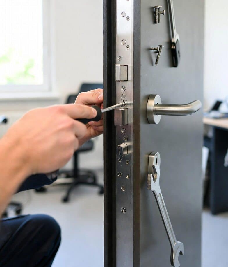 Slotenmaker stelt de interne mechanica af van een kunststof kozijn